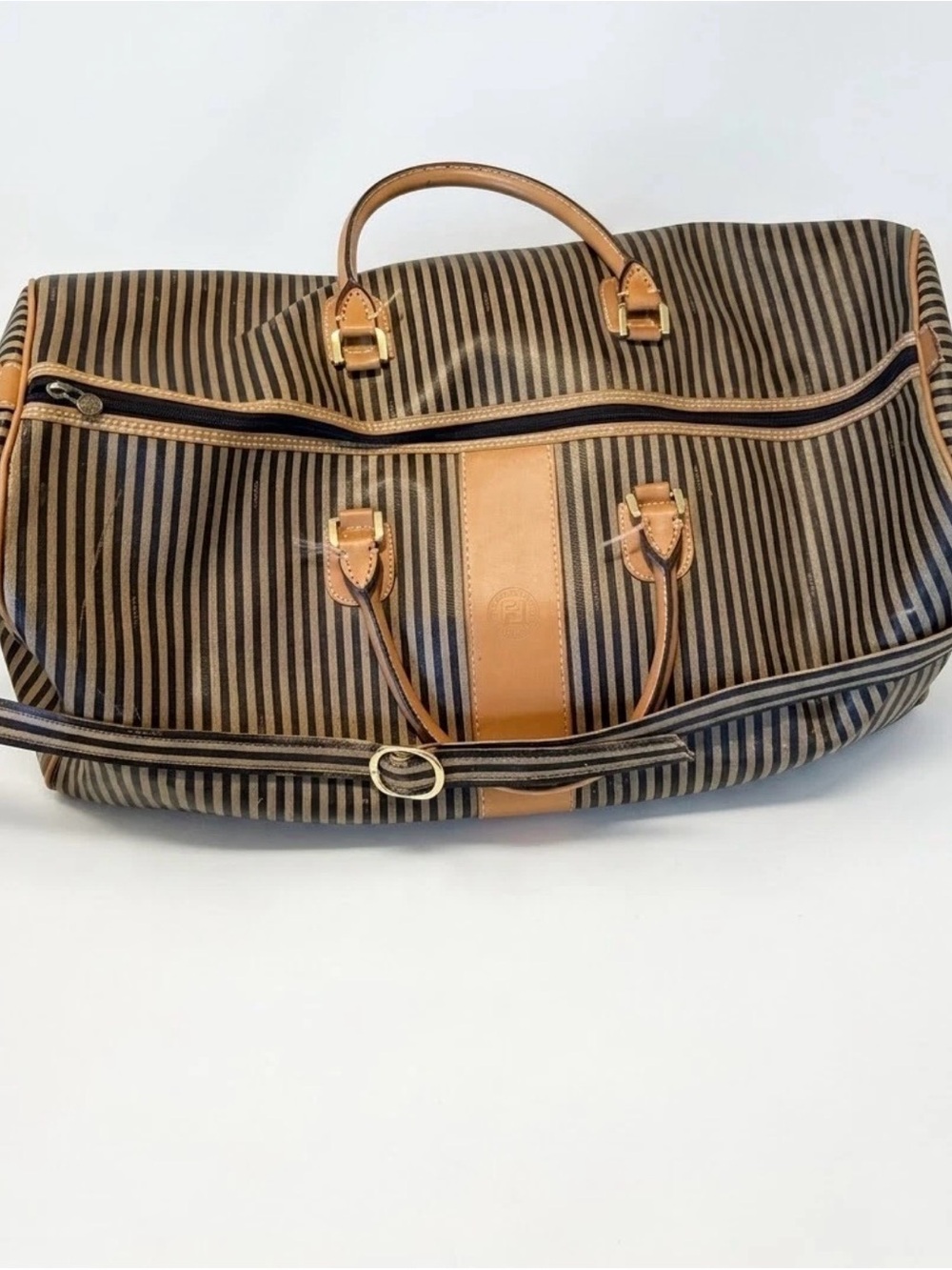 Fendi Brown and Tan Striped Travel Weekender Bag